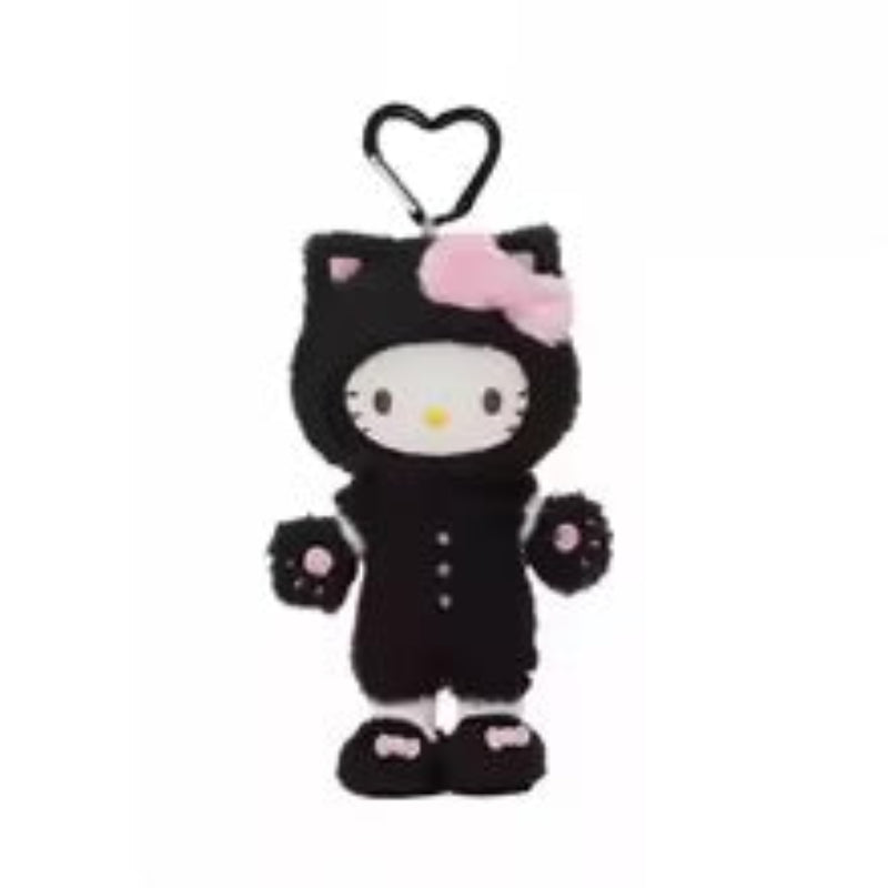 Black cat-shaped plush toy with a pink bow on a white background