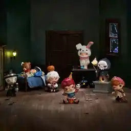 Collection of animated characters in a dark room setting