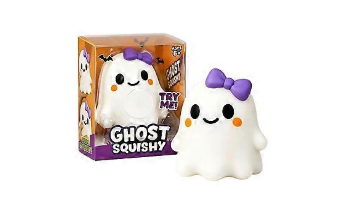 Crazy Fun Ghost Squishy It's a Girl - 15cm white ghost squishy toy with purple bow, shown in box and out of box on white background