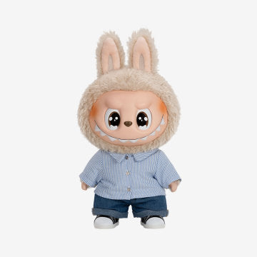 The Monsters Flip With Me Vinyl Plush Doll Pop Mart Labubu features a character wearing a blue and white striped collared button-down shirt.