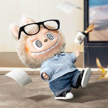  The character also wears a pair of dark denim jeans and black and white sneakers. 