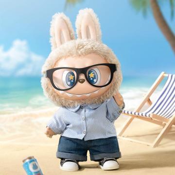  The character also wears a pair of dark denim jeans and black and white sneakers. 
