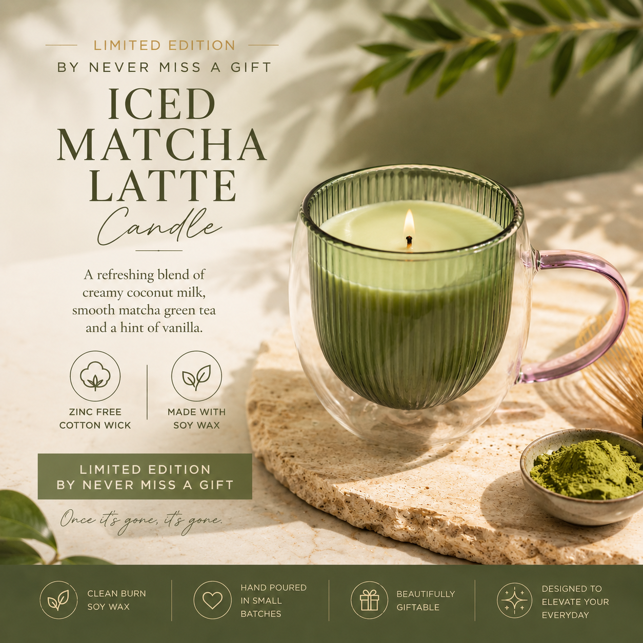 Green candle in a glass mug with matcha latte description and branding text.