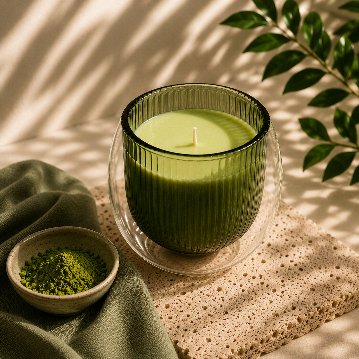 Green candle in a glass holder with a small bowl of green powder on a textured surface.