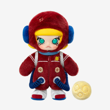 Plush toy in a red outfit with blue accents on a white background