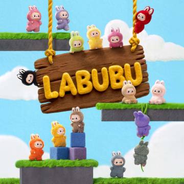 Colorful cartoon characters around a wooden sign with 'LABUBU' on a blue sky background.