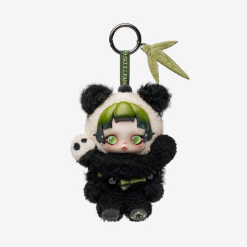 Plush keychain in the shape of a character with panda costume on a white background