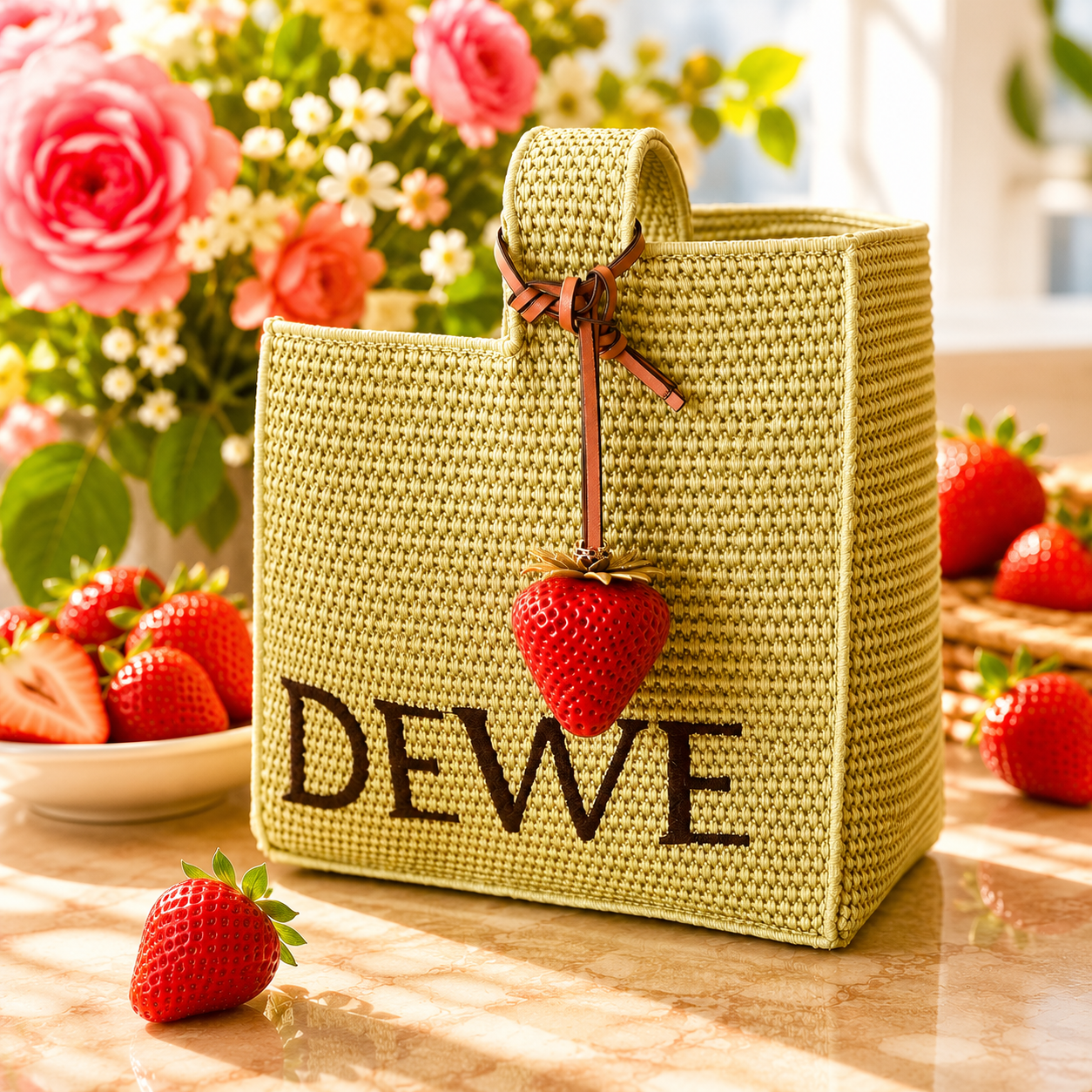 Red Strawberry Bag Charm hanging from a woven tote bag surrounded by fresh strawberries and pink roses