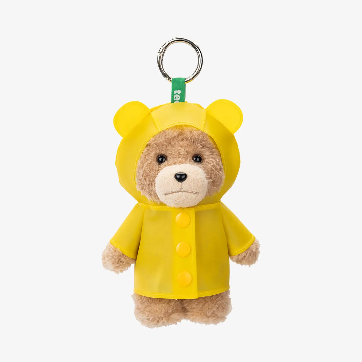 Teddy bear keychain wearing a yellow raincoat on a white background